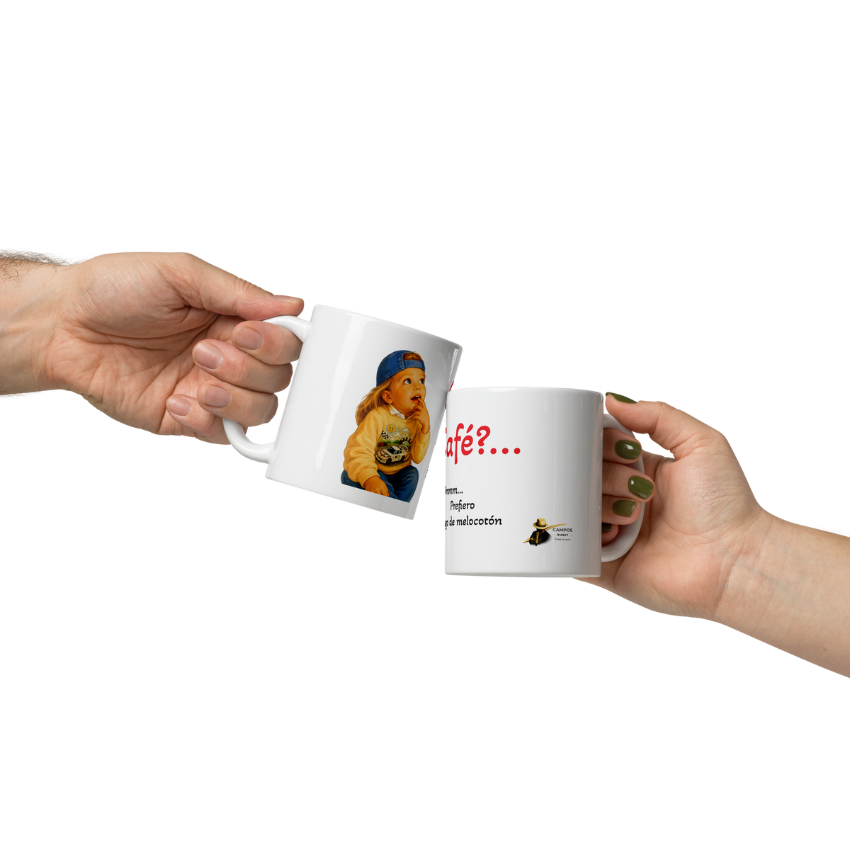Taza blanca brillante jugo de melocotón
