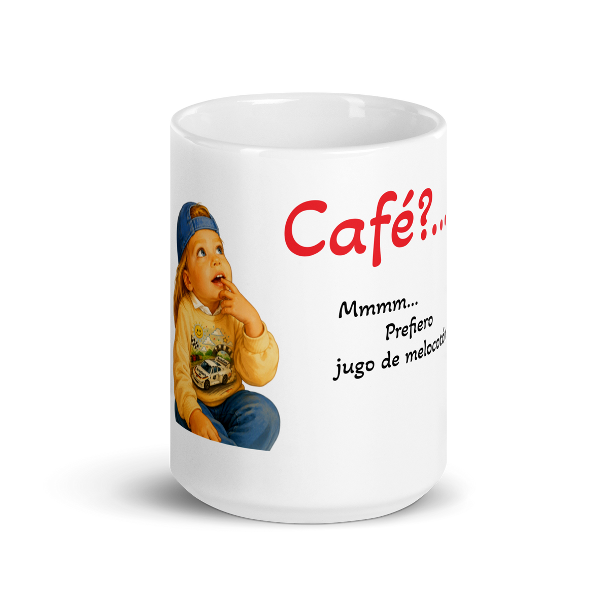 Taza blanca brillante jugo de melocotón