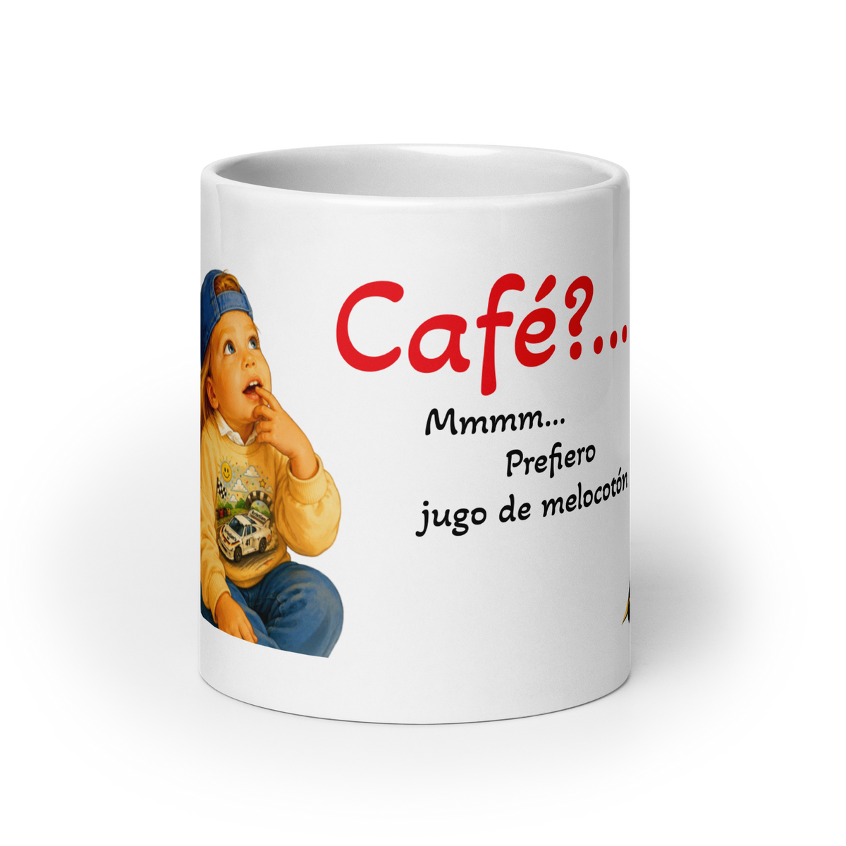 Taza blanca brillante jugo de melocotón